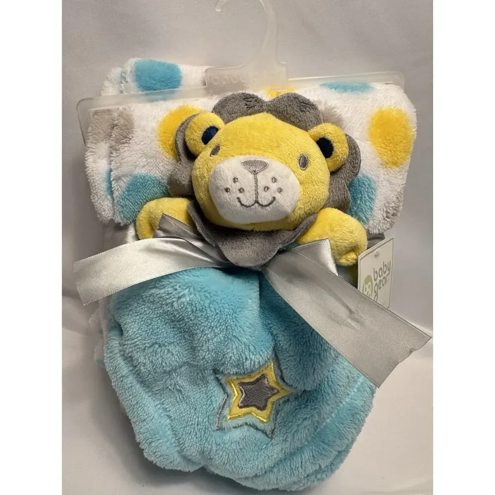 Baby Gear Lion Fleece Baby Blanket and Lovey Gift‎ Set Blue Yellow White New